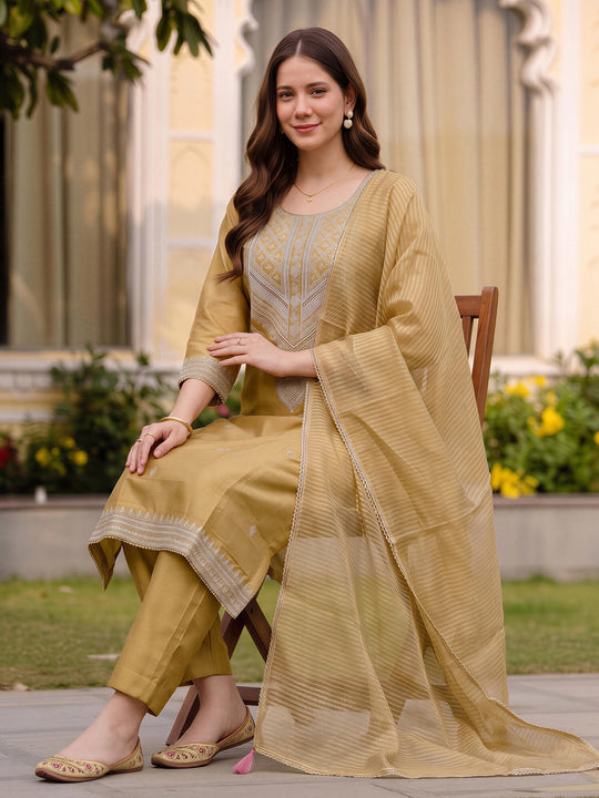 Indo Era Yellow Embroidered Straight Kurta Trousers With Dupatta Set