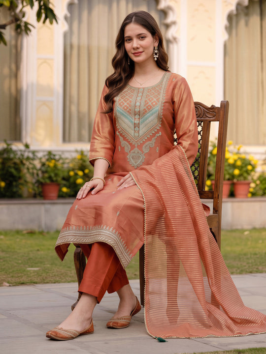 Indo Era Orange Embroidered Straight Kurta Trousers With Dupatta Set
