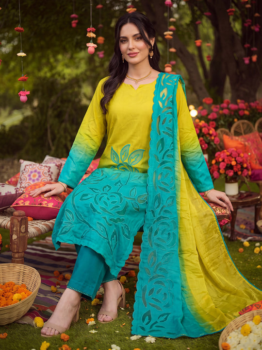 Indo Era Teal Embroidered Straight Kurta Trousers With Dupatta Set