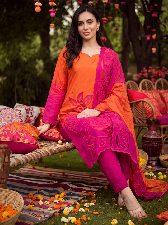 Indo Era Orange Embroidered Straight Kurta Trousers With Dupatta Set