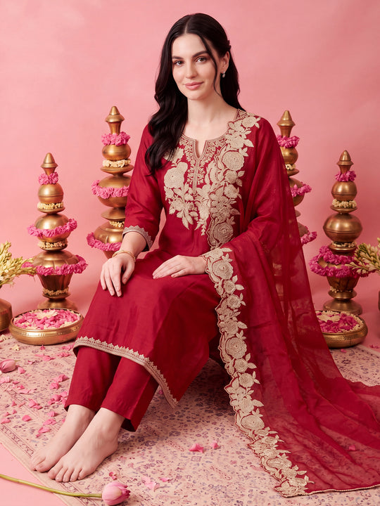 Indo Era Maroon Embroidered Straight Kurta Trousers With Dupatta Set