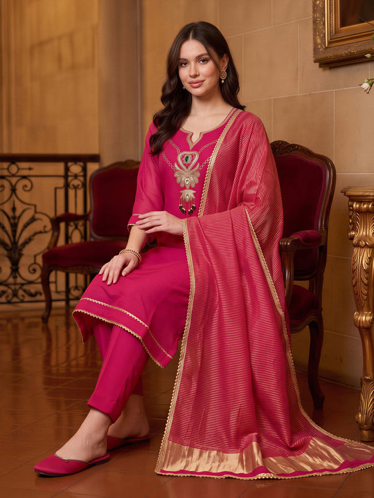 Indo Era Pink Embroidered Straight Kurta Trousers With Dupatta Set