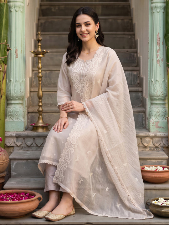 Indo Era Off White Embroidered Straight Kurta Trousers With Dupatta Set