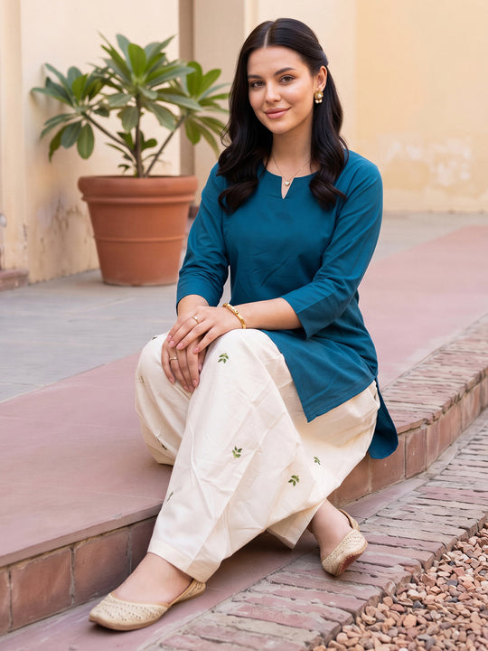 Indo Era Teal Solid Straight Kurta Salwar Set
