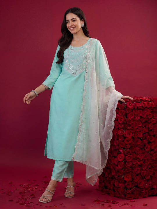 Indo Era Blue Embroidered Straight Kurta Trousers With Dupatta set