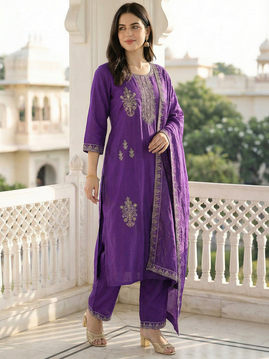 Indo Era Purple Embroidered Straight Kurta Trousers With Dupatta set