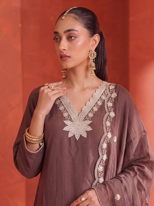 Indo Era Brown Embroidered Straight Kurta Trousers With Dupatta Set