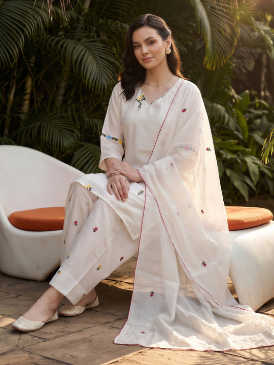 Indo Era Cream Embroidered Straight Kurta Salwar With Dupatta Set