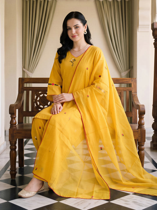 Indo Era Yellow Embroidered Straight Kurta Salwar With Dupatta Set