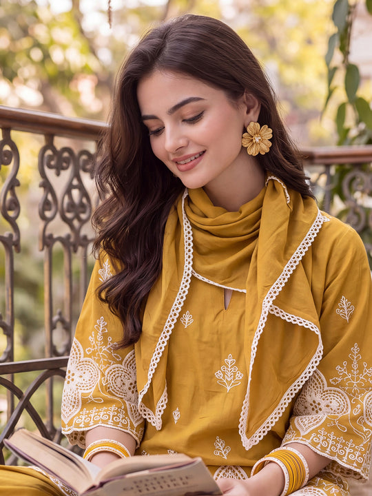 Indo Era Mustard Embroidered A-Line Kurta Salwar With Dupatta Set