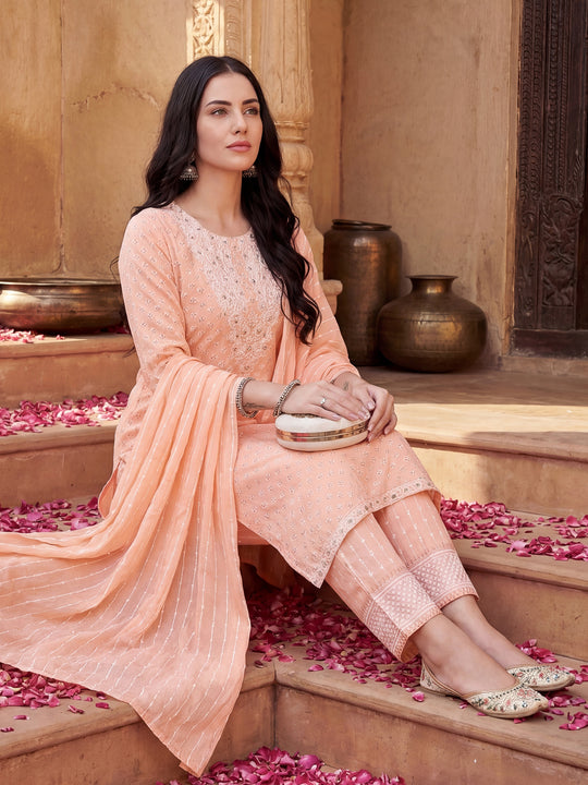 Indo Era Peach Embroidered Straight Kurta Trousers With Dupatta Set
