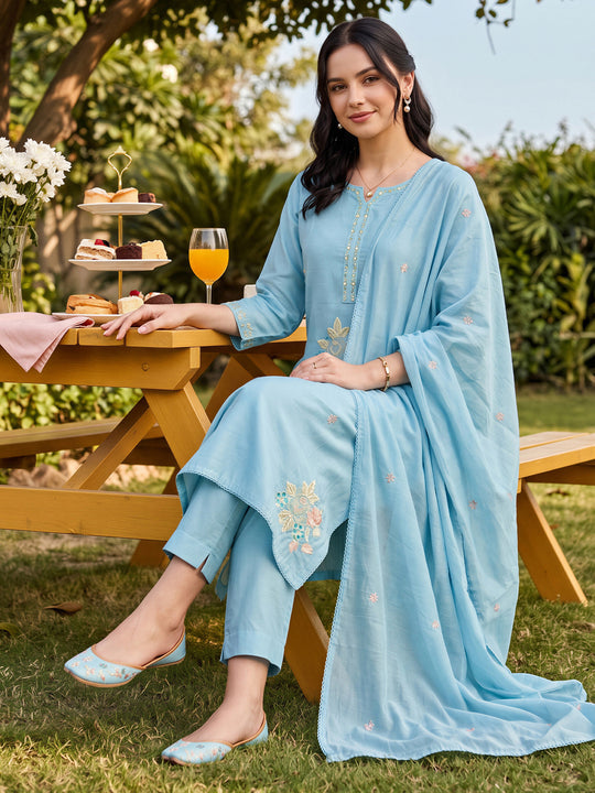 Indo Era Blue Embroidered Straight Kurta Trousers With Dupatta Set
