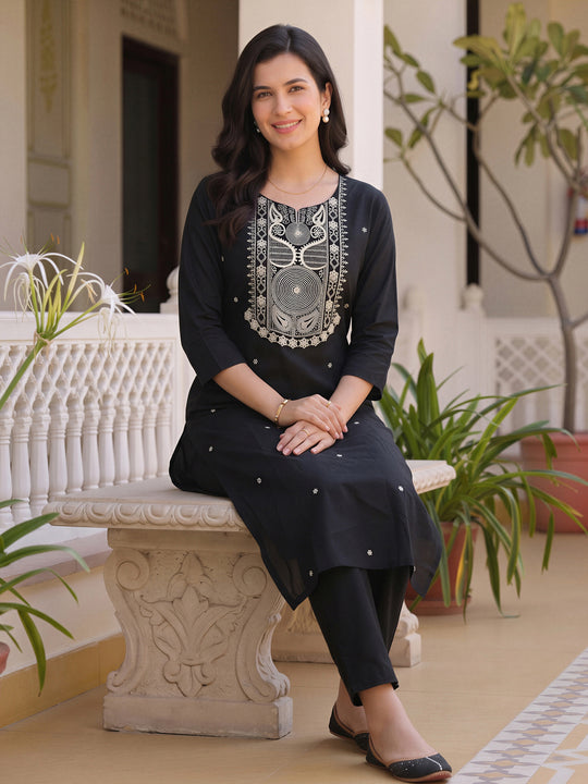 Indo Era Black Embroidered Straight Kurta Trousers Set