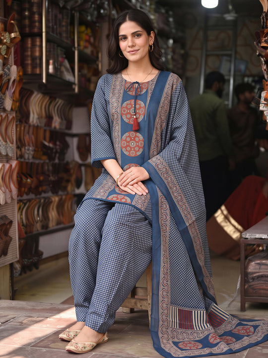 Indo Era Blue Printed Straight Kurta Salwar With Dupatta Set