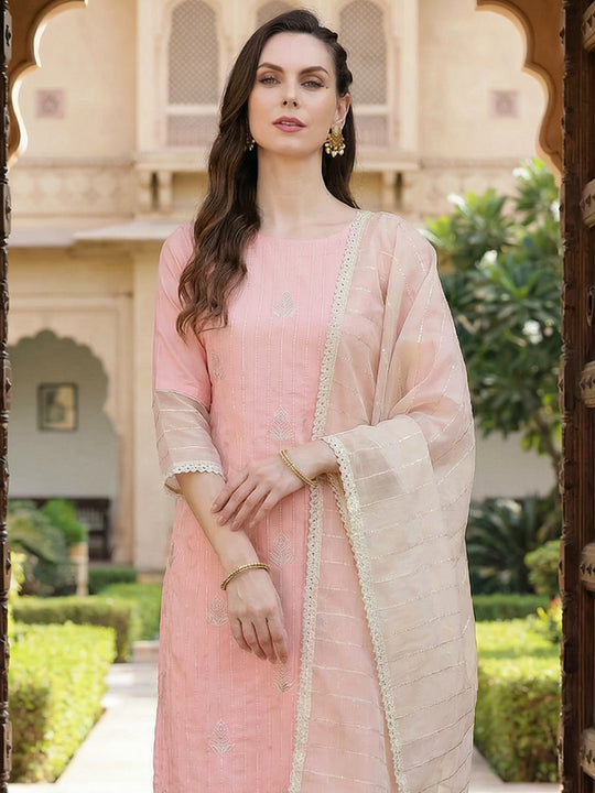 Indo Era Pink Embroidered Straight Kurta Trouser With Duppatta Set