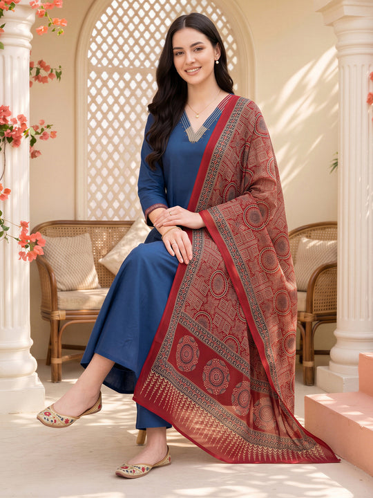 Indo Era Blue Yoke Design A-Line Kurta Trousers With Dupatta Set