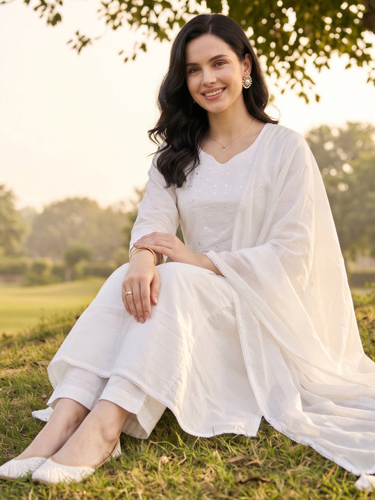 Indo Era White Embroidered A-Line Kurta Palazzos With Dupatta Set