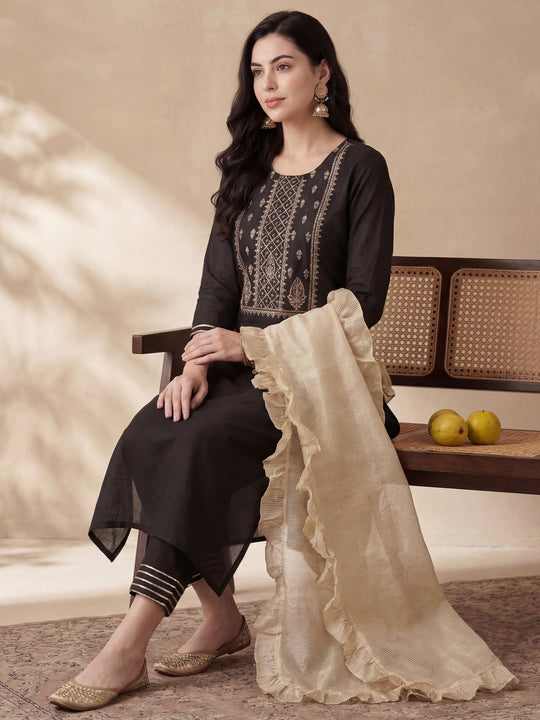 Indo Era Black Embroidred Kurta Trouser With Dupatta Set