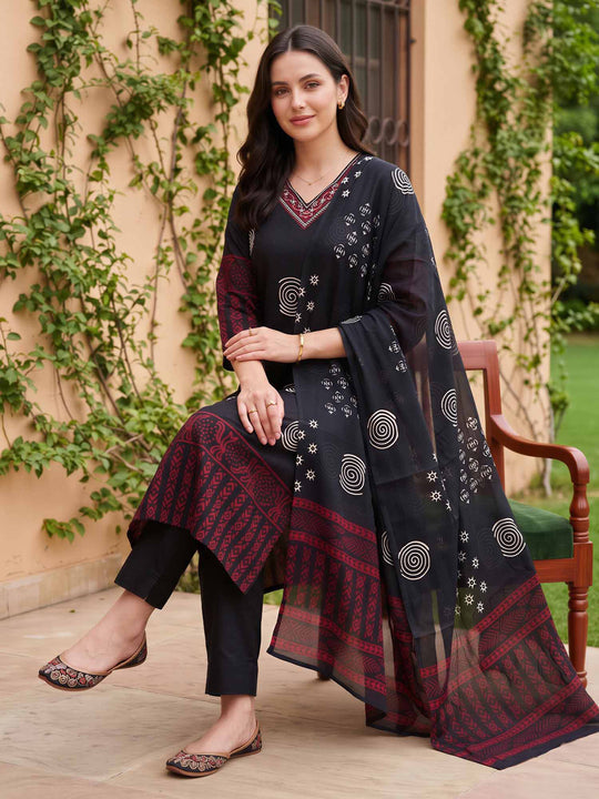 Indo Era Black Printed Straight Kurta Trousers With Dupatta Set