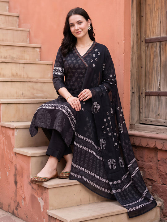 Indo Era Black Printed Straight Kurta Trousers With Dupatta Set