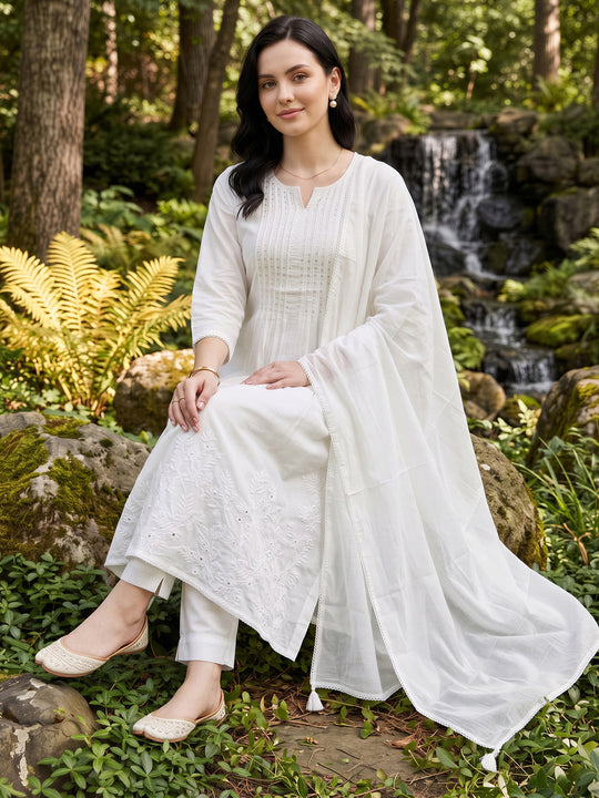 Indo Era White Embroidered A-Line Kurta Trousers With Dupatta Set
