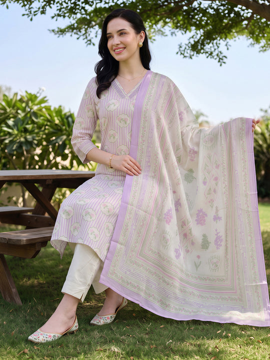 Indo Era Off White Printed Straight Kurta Palazzos With Dupatta Set