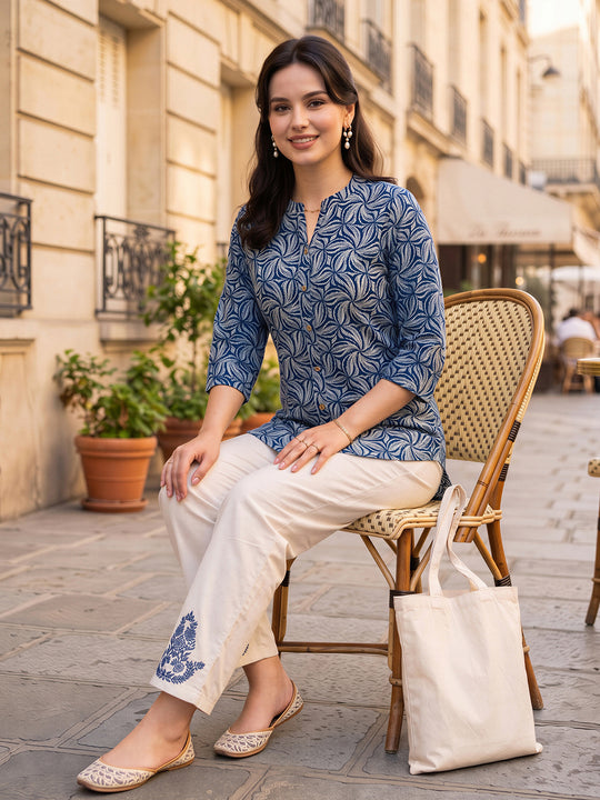 Indo Era Blue Printed Straight Kurta Palazzos Set