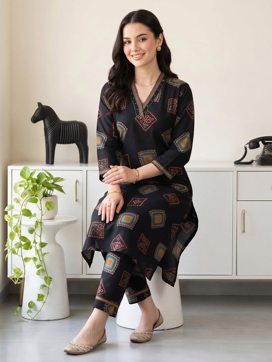 Indo Era Black Printed Straight Kurta Trousers Set