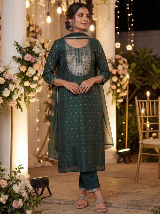 Indo Era Green Embroidered Straight Kurta Trousers With Dupatta Set