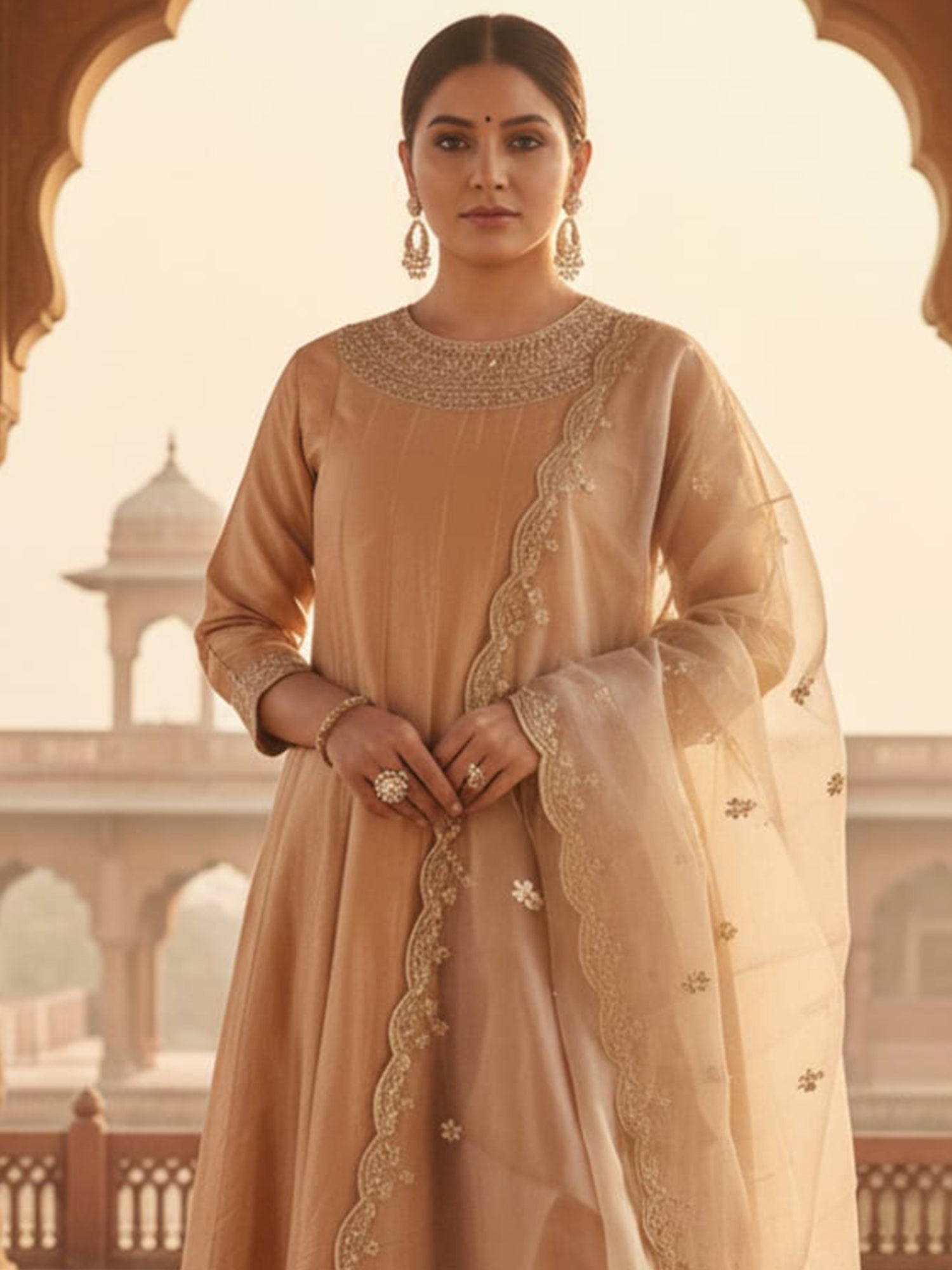 Brown Embroidered Silk Blend Anarkali Round Neck Kurta Sets With Dupatta