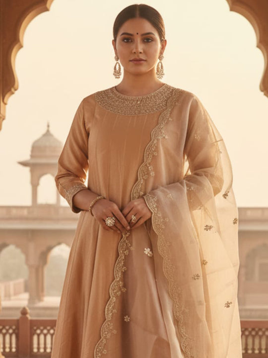 Brown Embroidered Silk Blend Anarkali Round Neck Kurta Sets With Dupatta