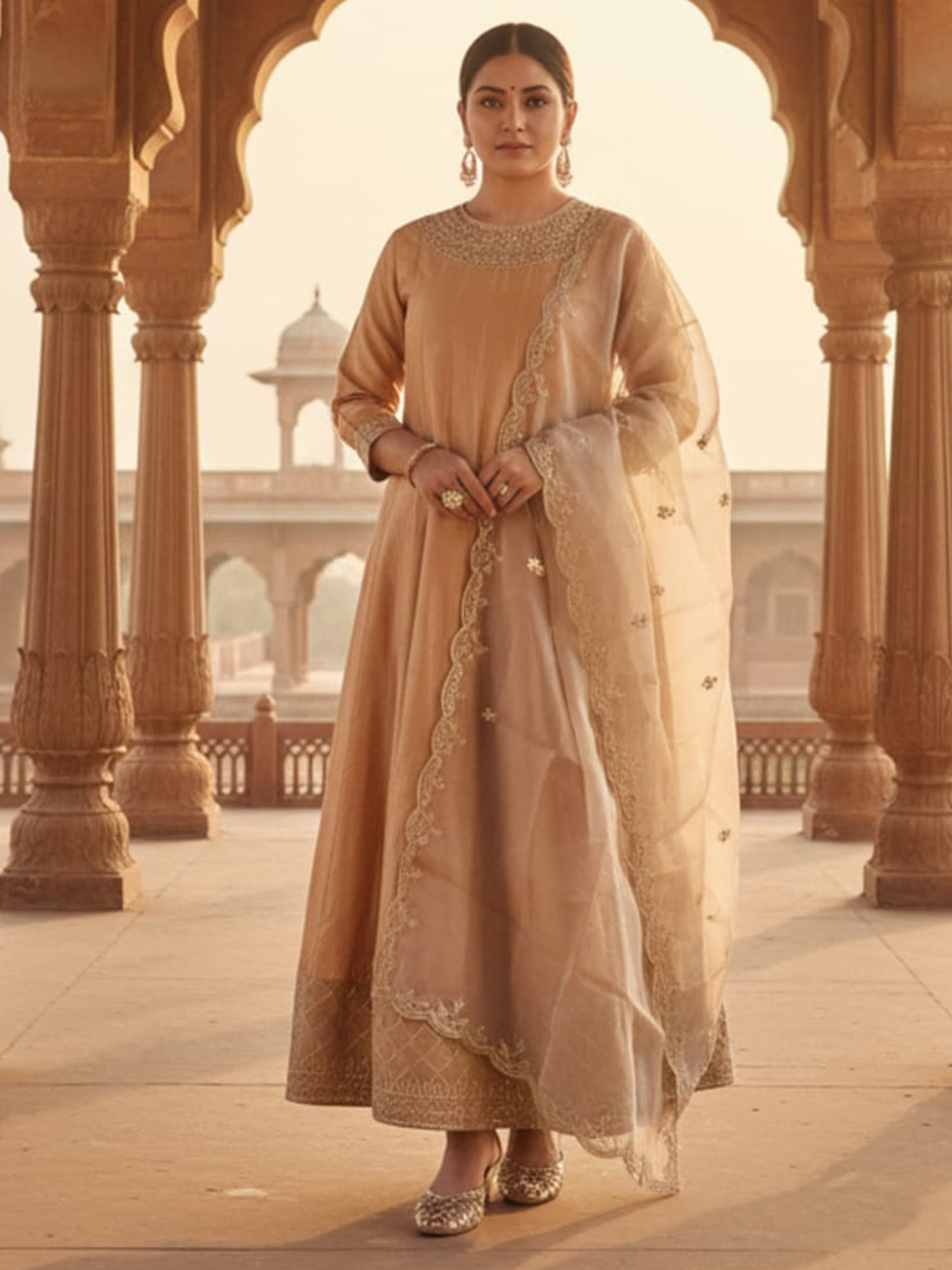 Brown Embroidered Silk Blend Anarkali Round Neck Kurta Sets With Dupatta