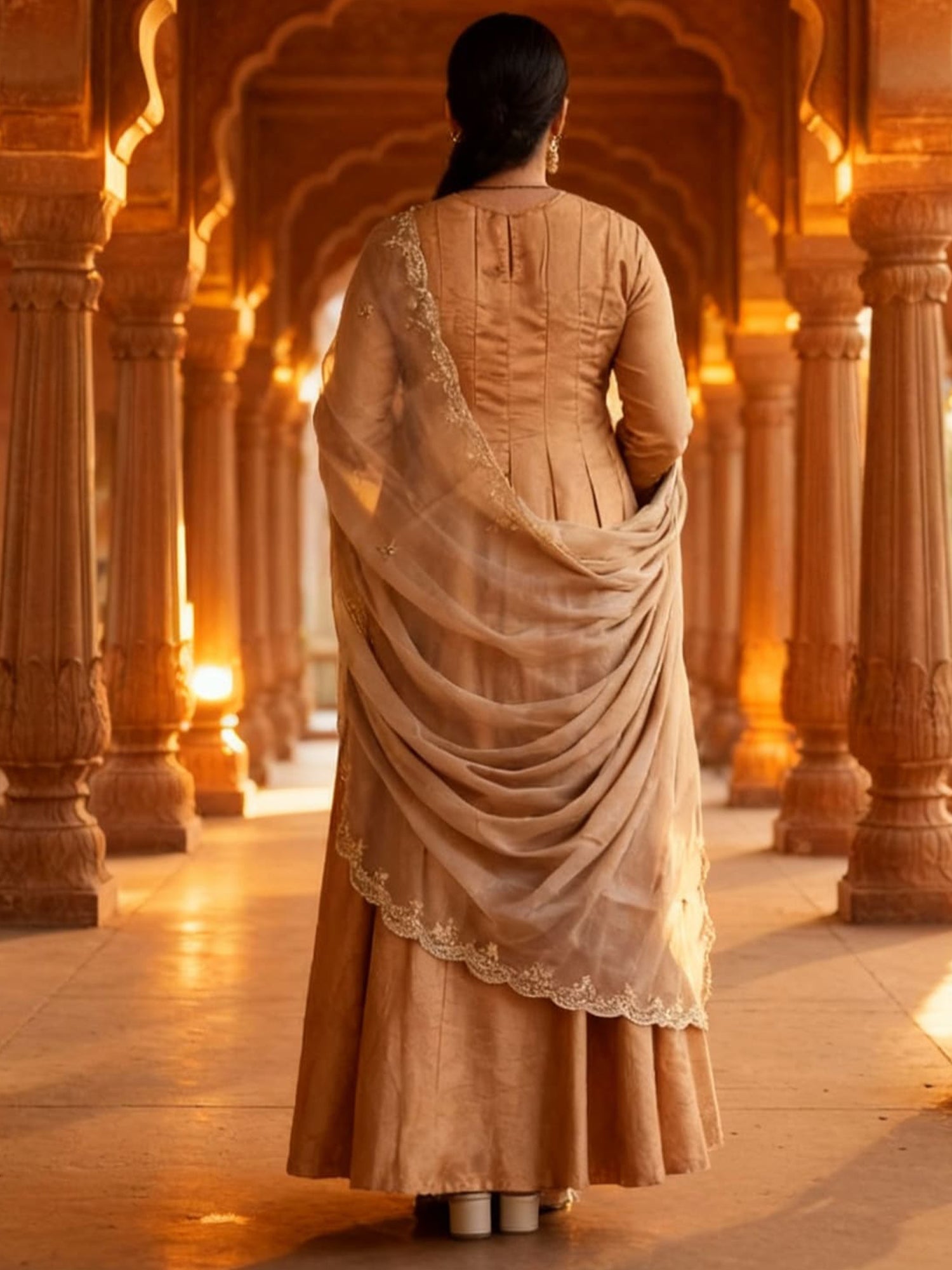 Brown Embroidered Silk Blend Anarkali Round Neck Kurta Sets With Dupatta