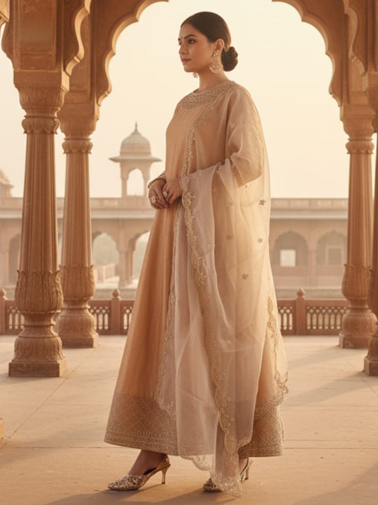 Brown Embroidered Silk Blend Anarkali Round Neck Kurta Sets With Dupatta