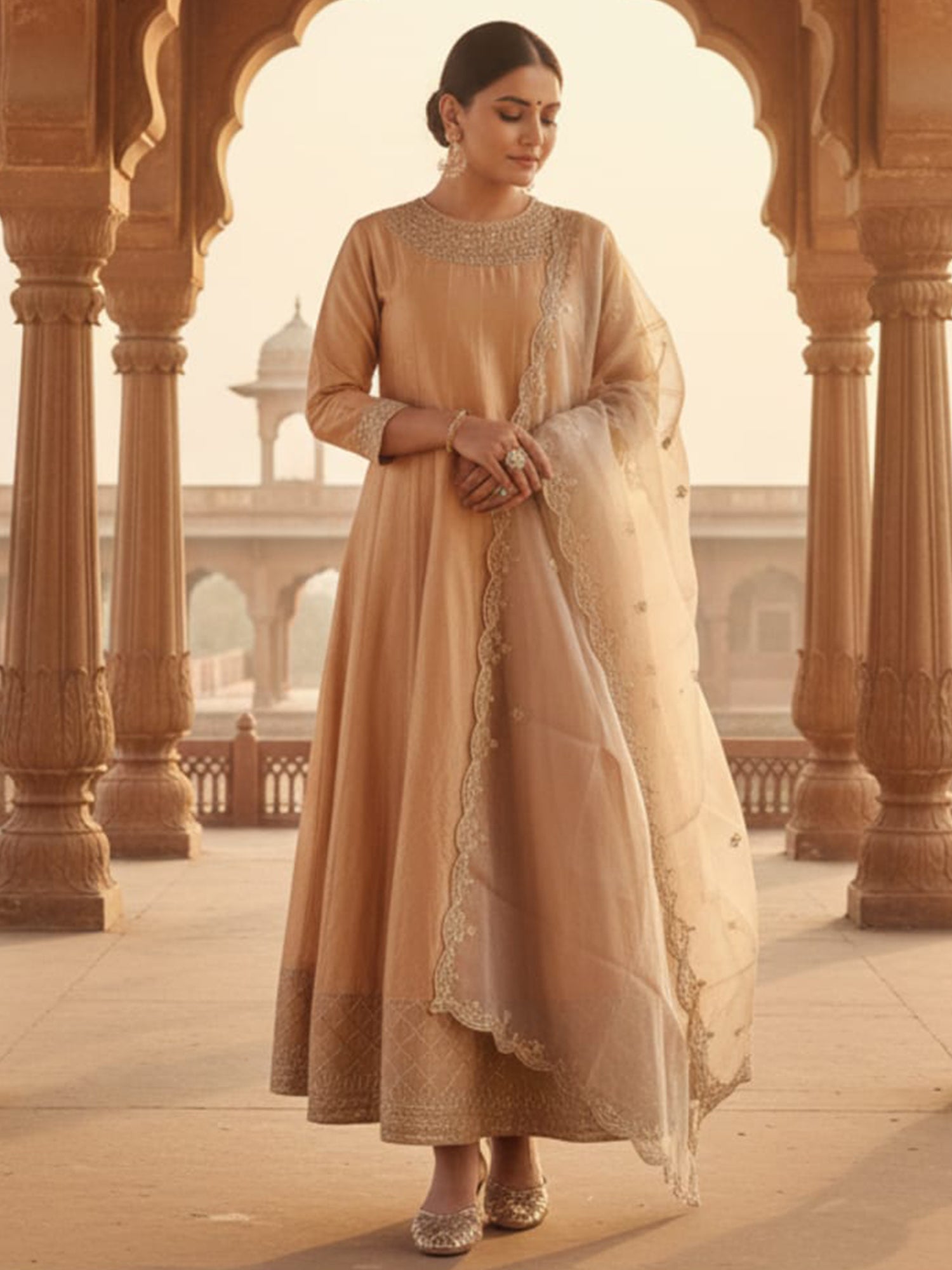 Brown Embroidered Silk Blend Anarkali Round Neck Kurta Sets With Dupatta