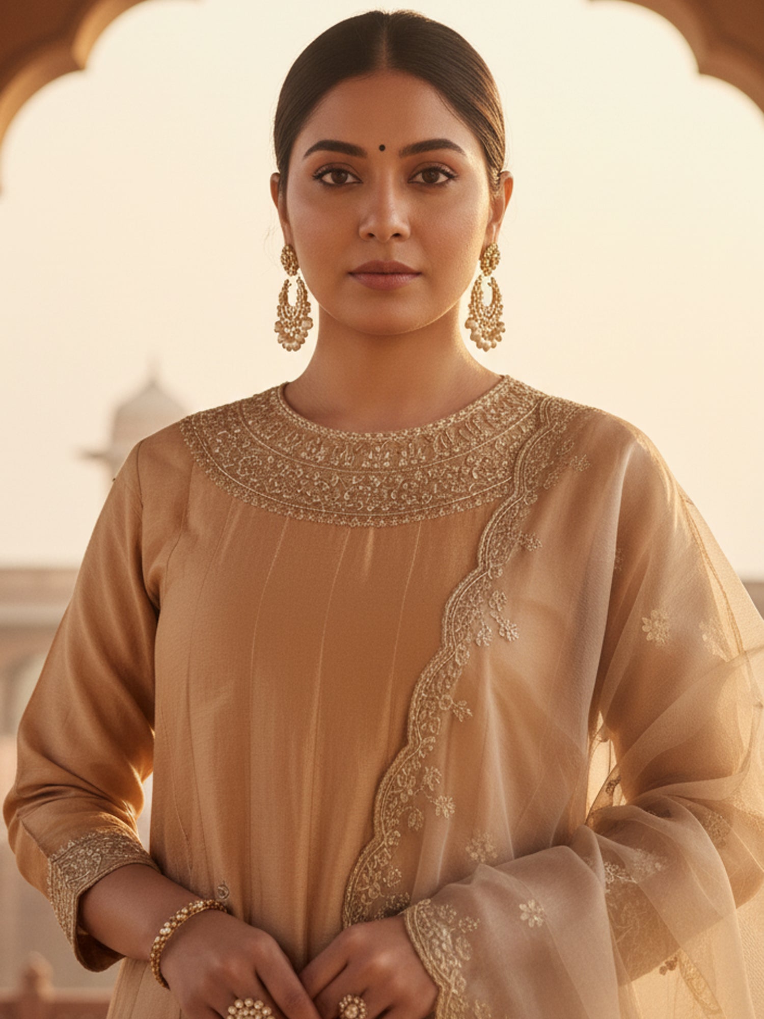 Brown Embroidered Silk Blend Anarkali Round Neck Kurta Sets With Dupatta