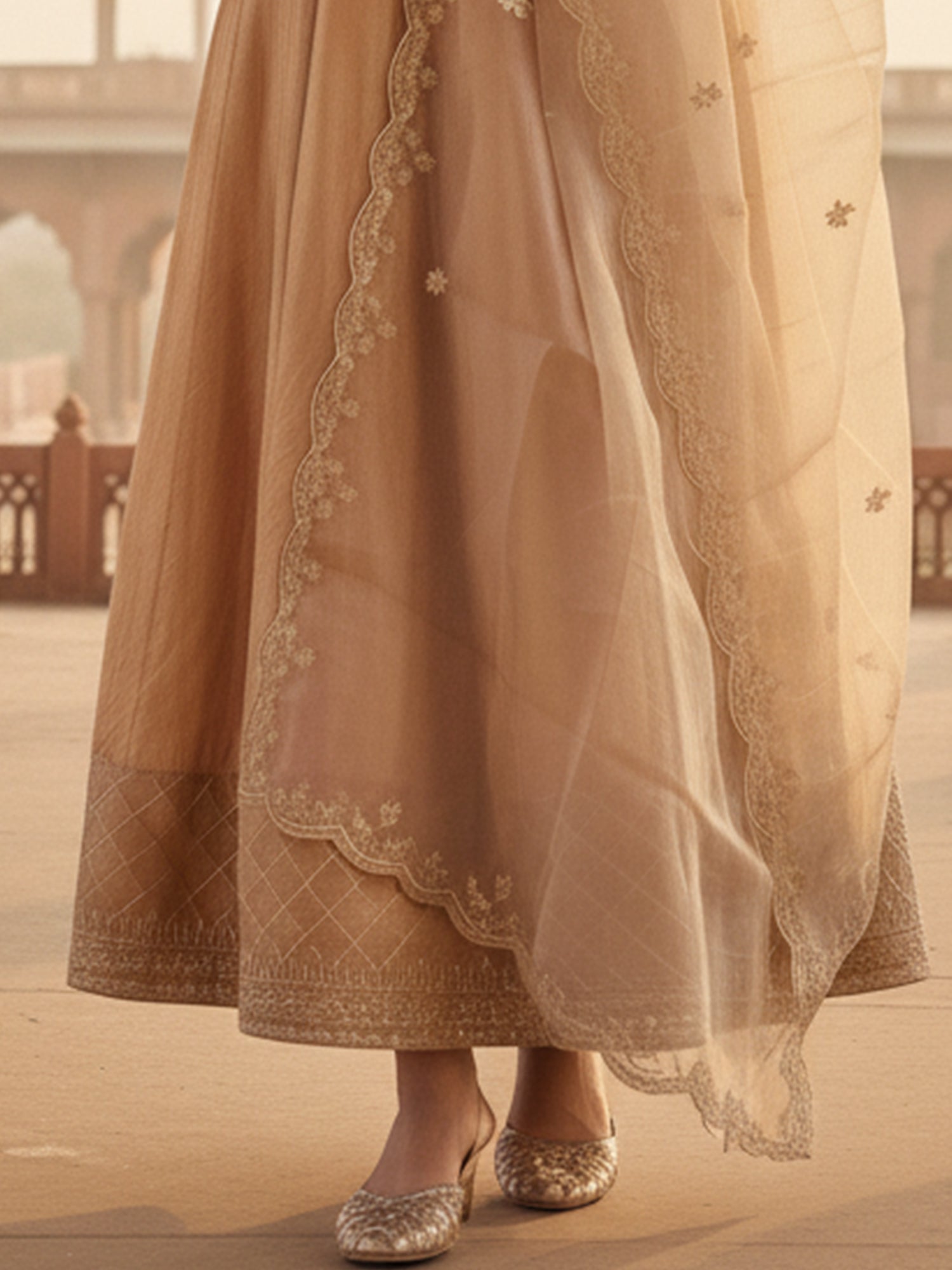 Brown Embroidered Silk Blend Anarkali Round Neck Kurta Sets With Dupatta