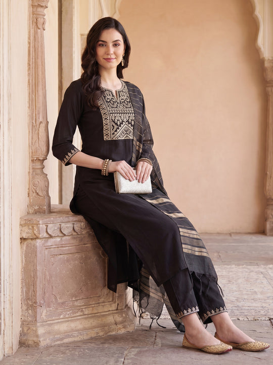Indo Era Black Embroidered Straight Kurta Trousers With Dupatta set