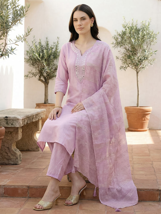 Indo Era Lavender Embroidered Straight Kurta Trousers set