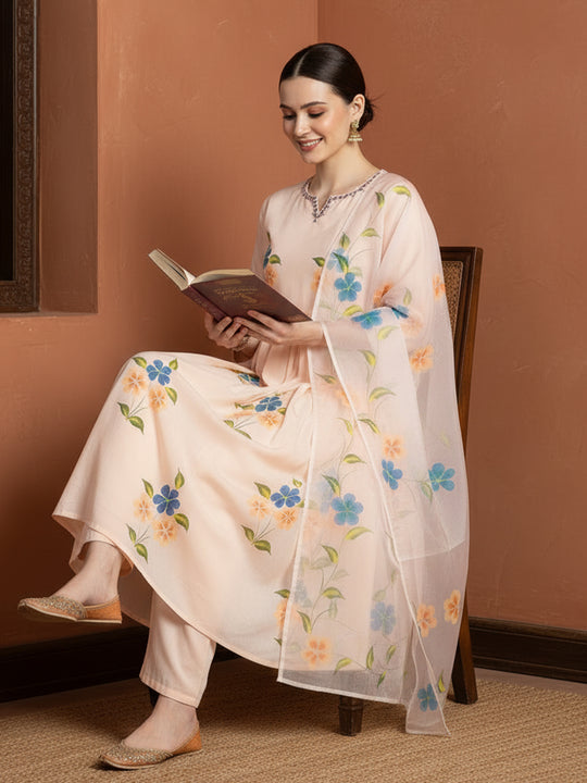 Peach Embroidered A-Line Pure Cotton Kurta Set With Dupatta