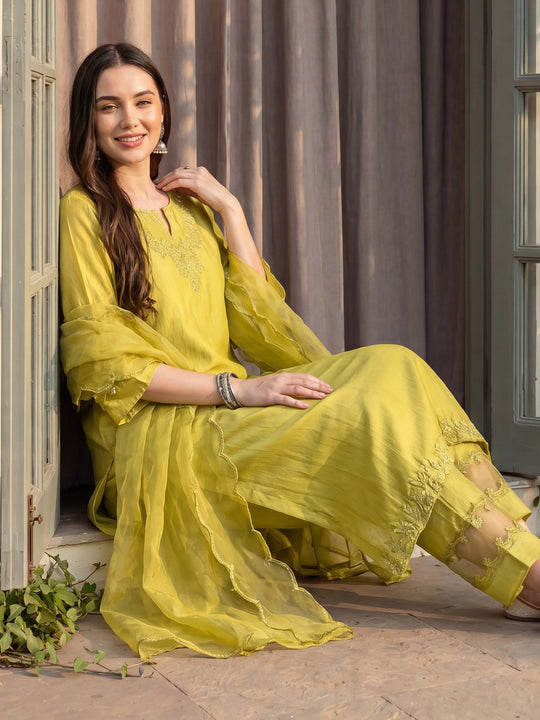 Indo Era Green Embroidered Straight Kurta Trousers With Dupatta Set