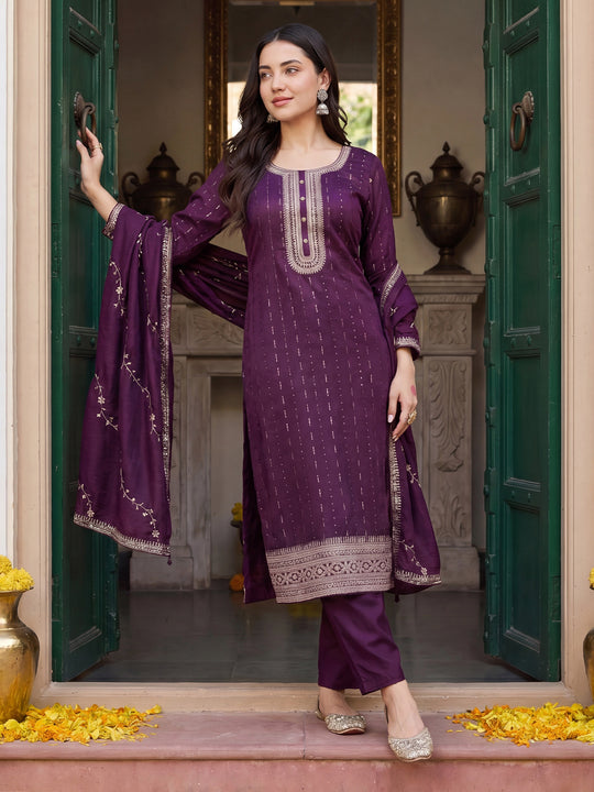 Purple Embroidered Straight Kurta Pant With Dupatta Set