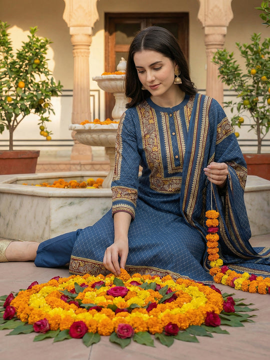 Indo Era Blue Printed Straight Kurta Trousers With Dupatta Set