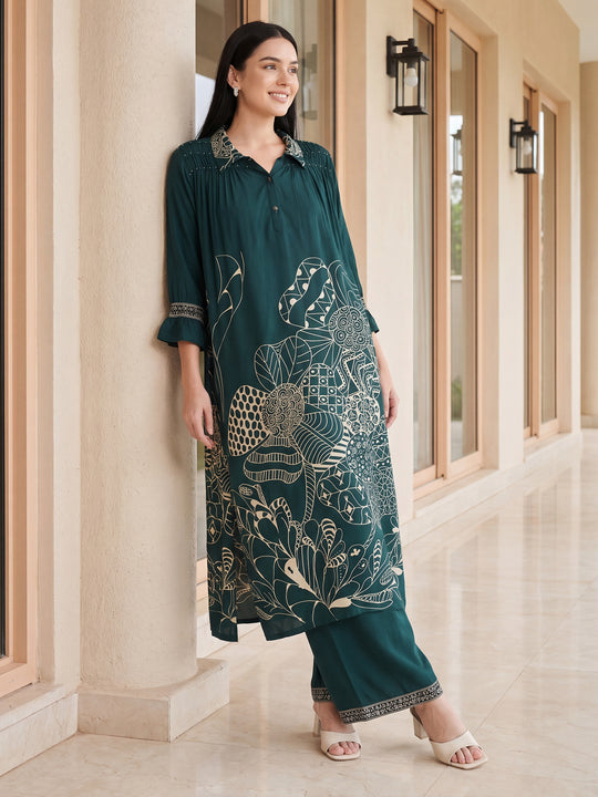 Indo Era Green Printed A-Line Kurta Trousers set