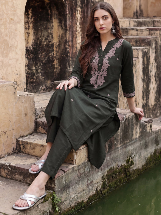 Indo Era Green Embroidered Straight Kurta Trousers Set