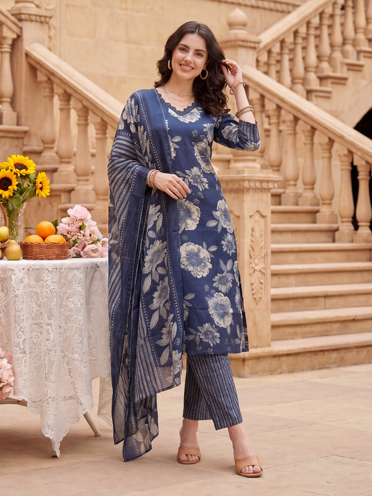 Indo Era Blue Printed Straight Kurta Trousers With Dupatta Set