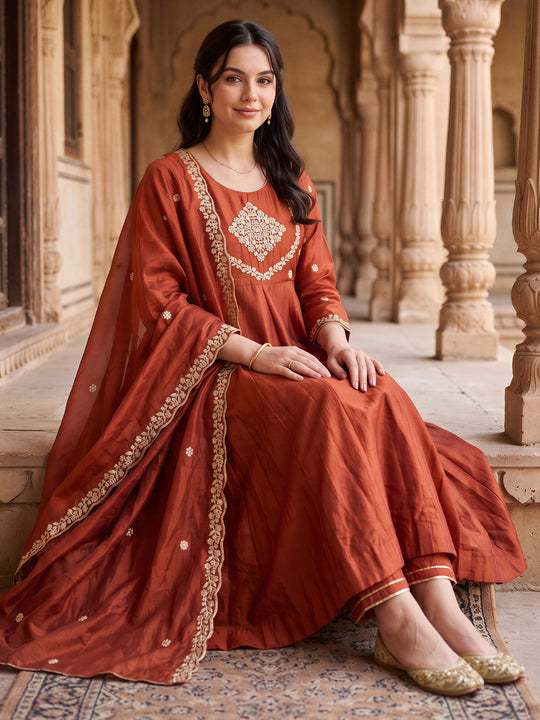 Indo Era Rust Embroidered A-Line Kurta Trousers With Dupatta Set
