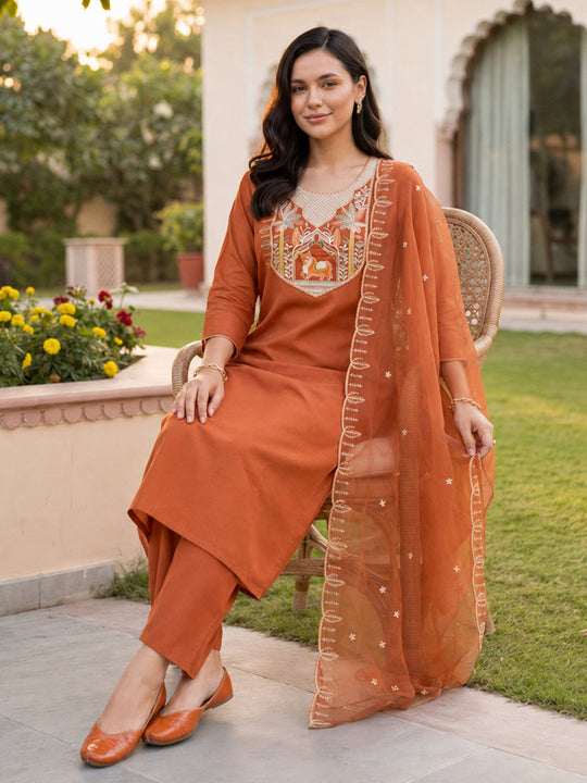 Indo Era Rust Embroidered Straight Kurta Trousers With Dupatta Set