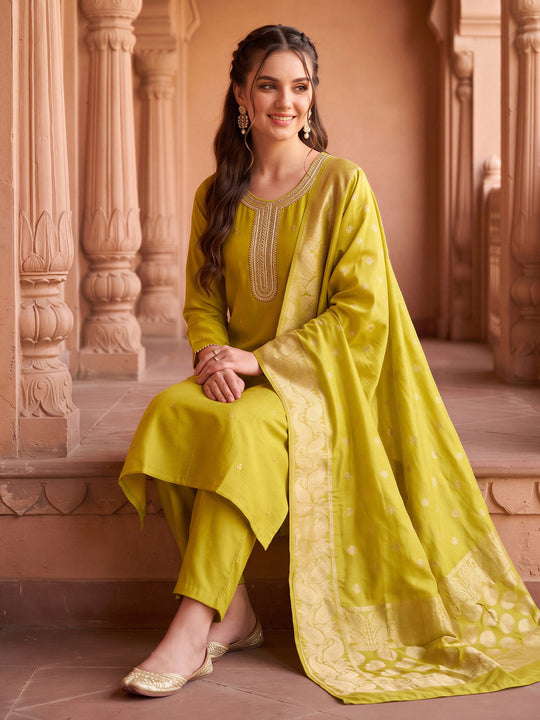 Indo Era Olive Embroidered Straight Kurta Trousers With Dupatta Set