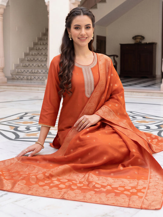 Indo Era Rust Embroidered Straight Kurta Trousers With Dupatta Set